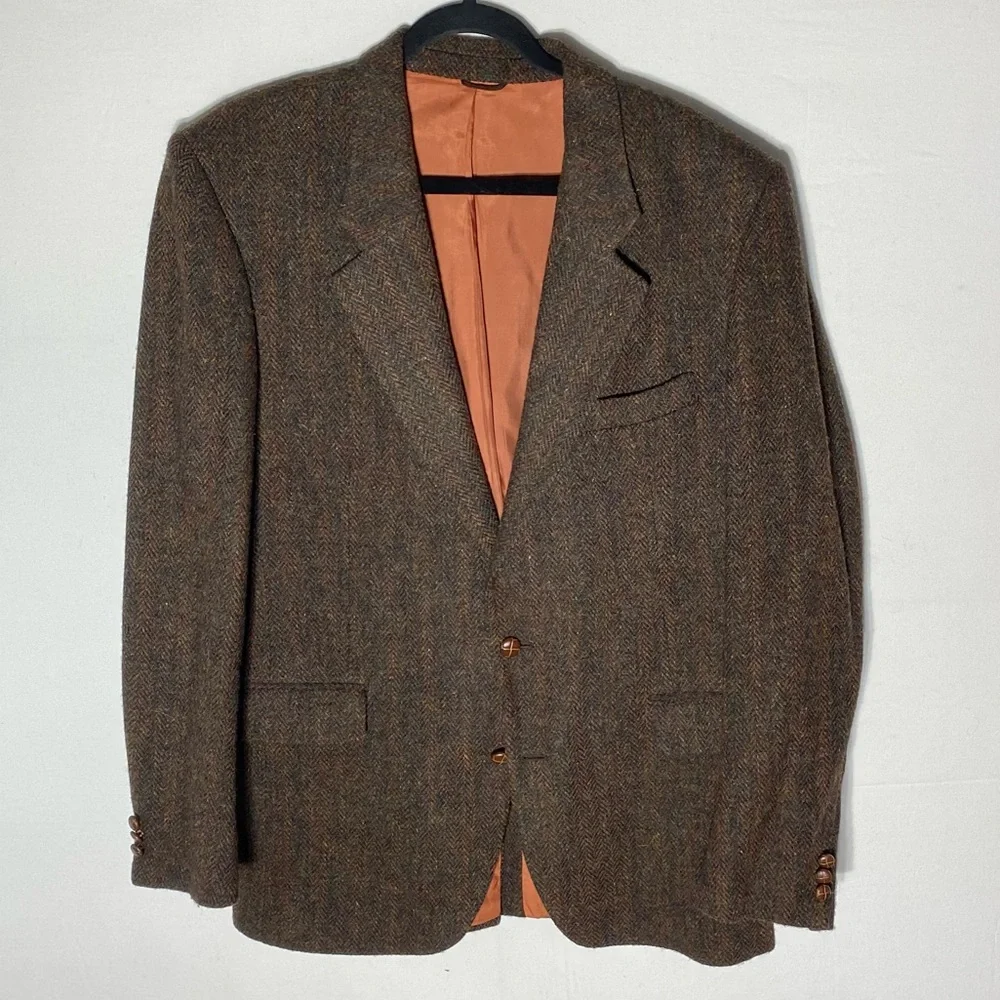 Vintage Harris Tweed Classic Brown Wool Herringbone Blazer 42L Dadcore Academia - Picture 1 of 16